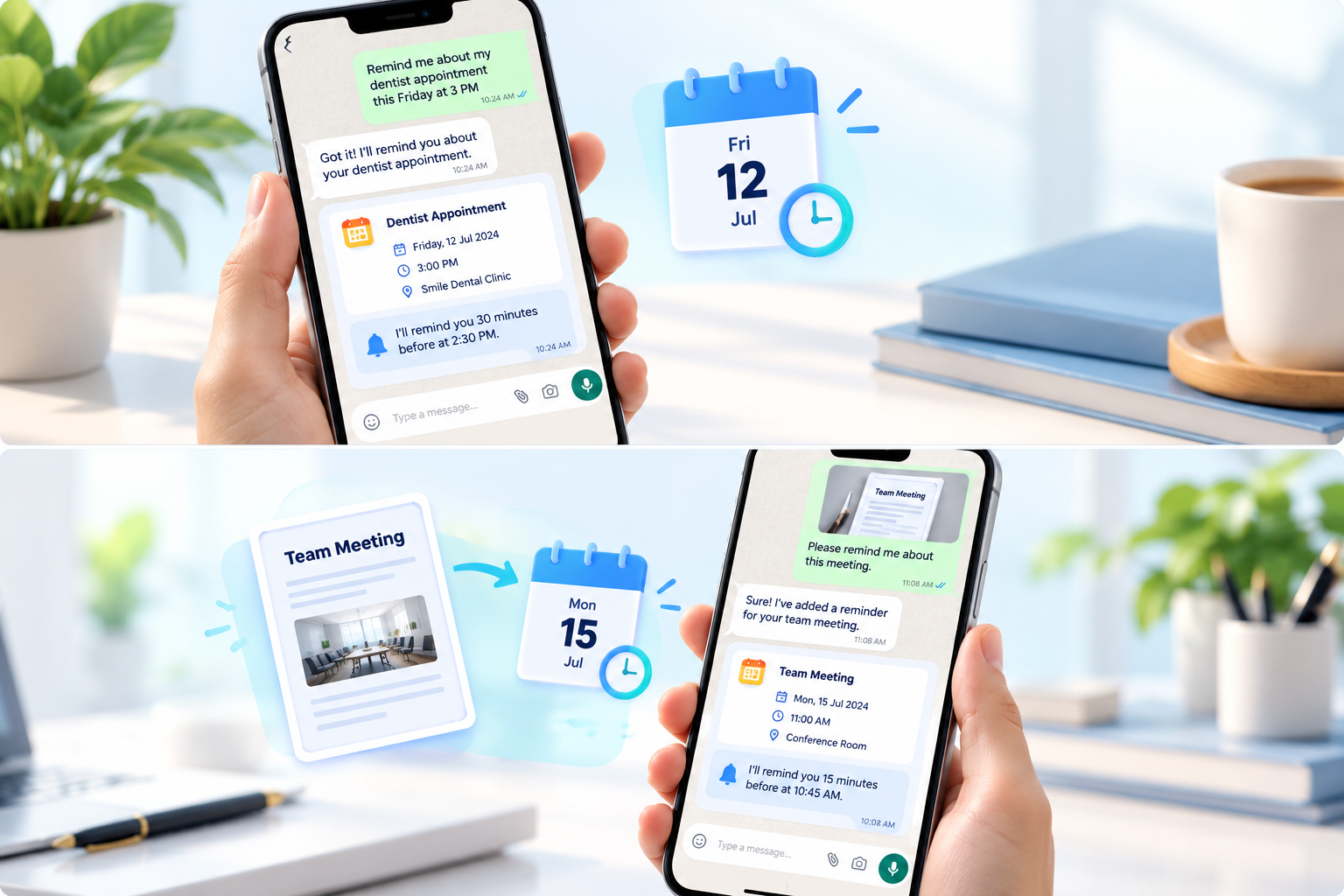 Illustration showing Bellzi reminders created from WhatsApp messages and a shared document