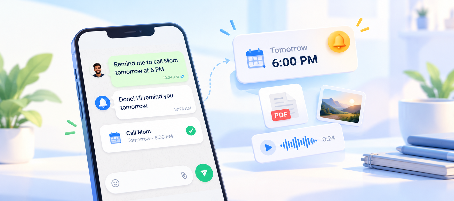 Illustration of a WhatsApp conversation becoming a saved reminder, with picture, PDF and voice-note examples